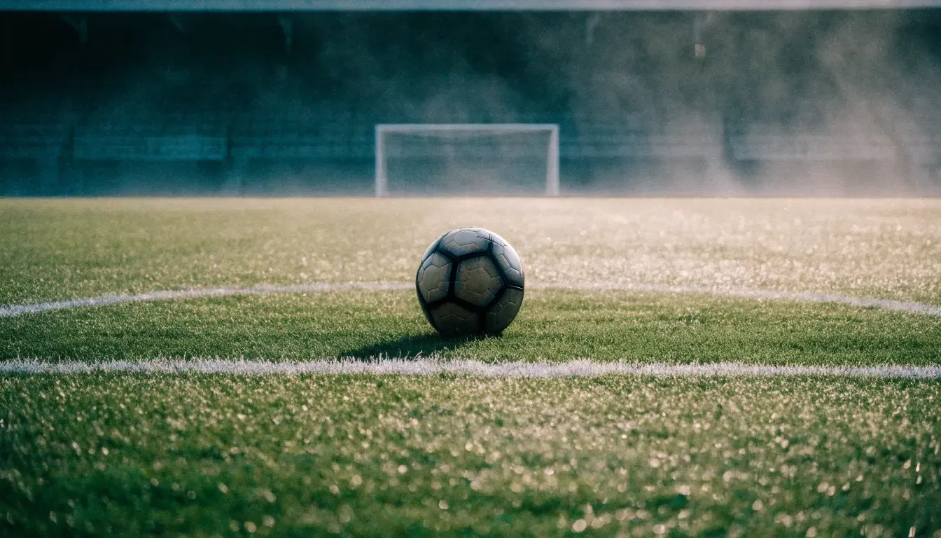 Ein einzelner Fussball liegt auf dem Anstosspunkt eines leeren Rasenplatzes am frühen Morgen, Tau glitzert auf dem Gras, die Tribüne liegt im Dunst.