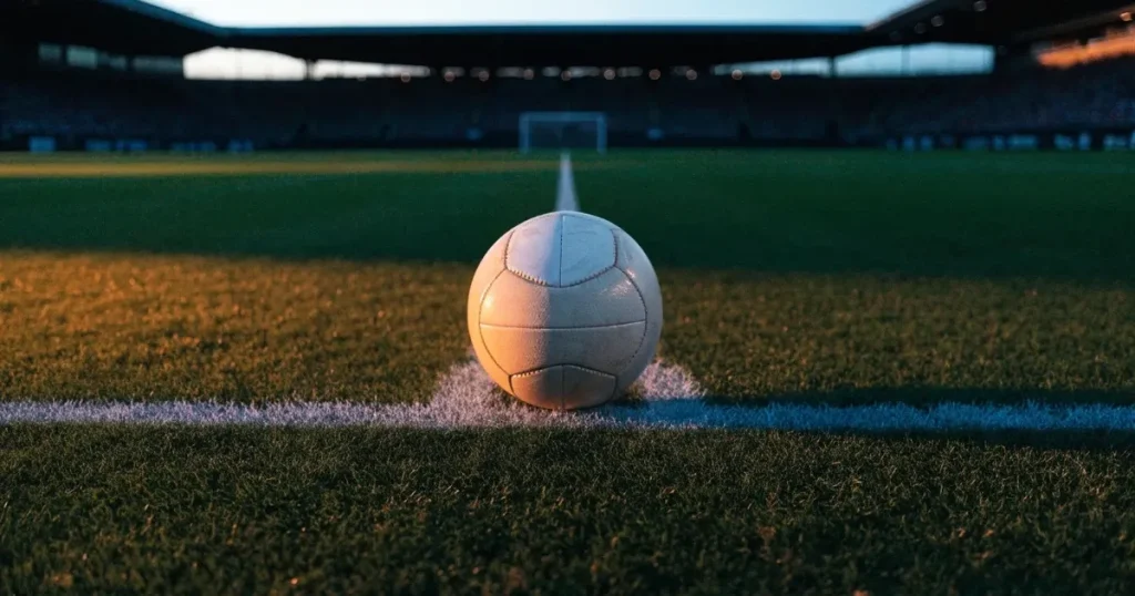 Ein Fussball liegt auf dem Mittelkreis eines Rasenfelds, die weissen Linien kreuzen sich auf dem gepflegten Gras im warmen Abendlicht.