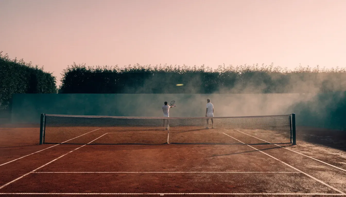 Ein Tennisplatz bei Sonnenaufgang, die Linien frisch gezogen, das Netz in der Mitte und Nebel über dem Boden.
