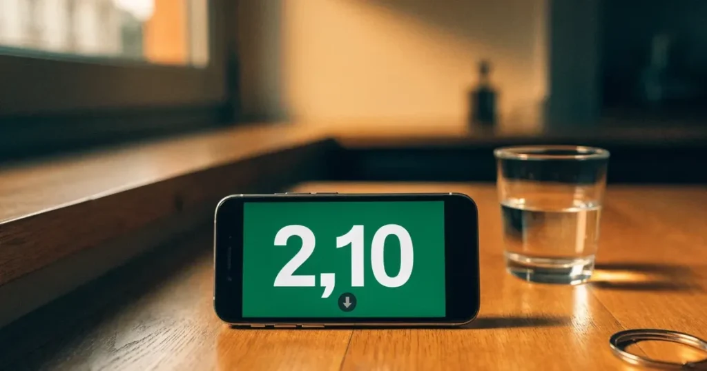 Ein Smartphone mit schwarzem Display liegt auf einem Holztisch neben einem Glas Wasser und einem Schlüsselbund.