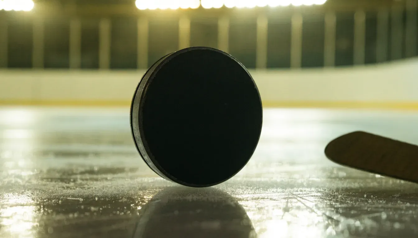 Ein Eishockeypuck liegt auf dem Eis, im Hintergrund unscharf die Bande unter hellem Hallenlicht.