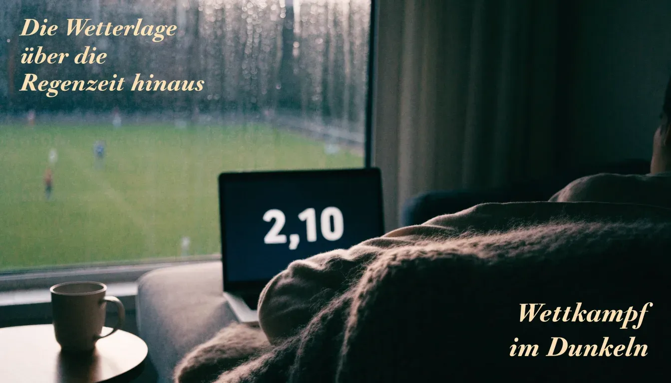 Ein Sofa mit Wolldecke steht vor einem grossen Fenster, draussen Regen und in der Ferne ein Fussballplatz.