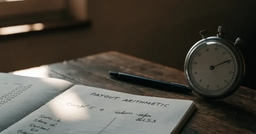 Ein aufgeschlagenes Notizbuch mit handschriftlichen Notizen und Skizzen liegt neben einer Stoppuhr auf einem Holztisch.