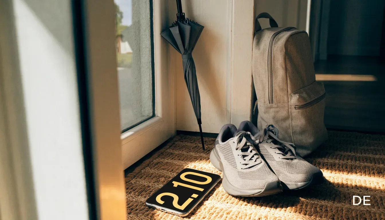 Ein Rucksack und Turnschuhe stehen an einer Haustür, daneben ein Regenschirm, durch das Glas fällt Morgenlicht.
