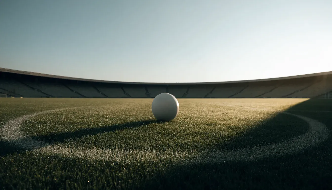 Ein Fussball liegt auf dem Anstosspunkt eines leeren Rasenplatzes im frühen Morgenlicht, dahinter erhebt sich eine menschenleere Tribüne.