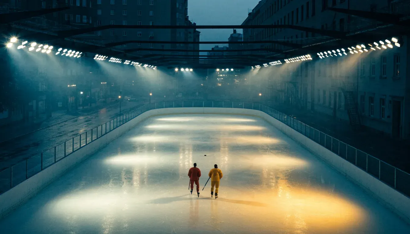 Ein grosses Eisstadion aus der Ferne gesehen, hell erleuchtet von Flutlicht in der Abenddämmerung, davor eine leere Strasse.