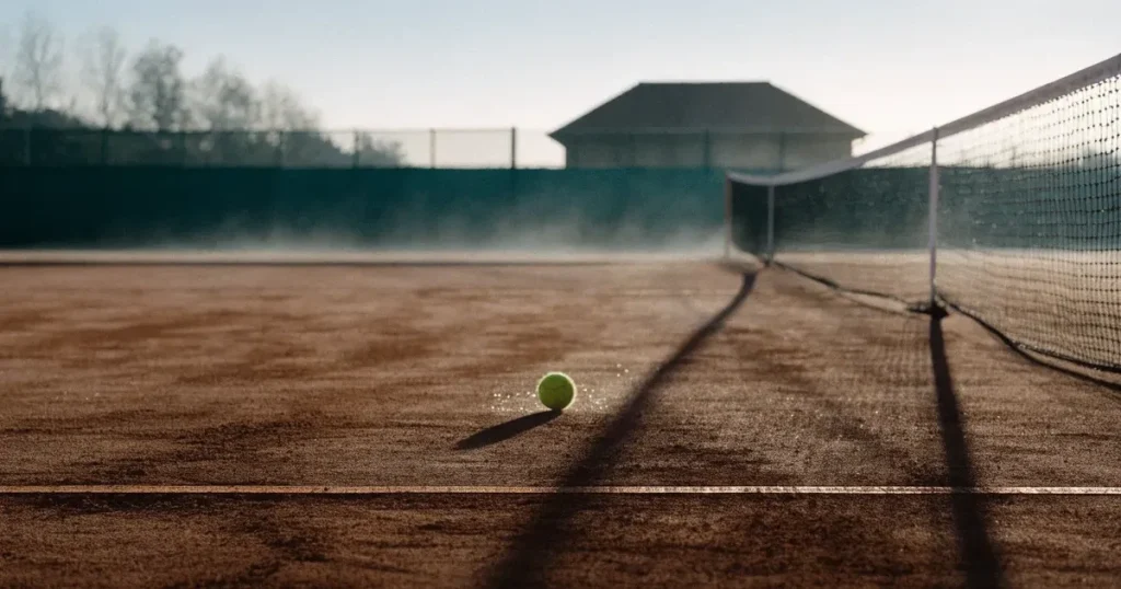 Ein Sandplatz für Tennis liegt bei Sonnenaufgang still da, das Netz wirft einen langen Schatten über die weissen Linien.
