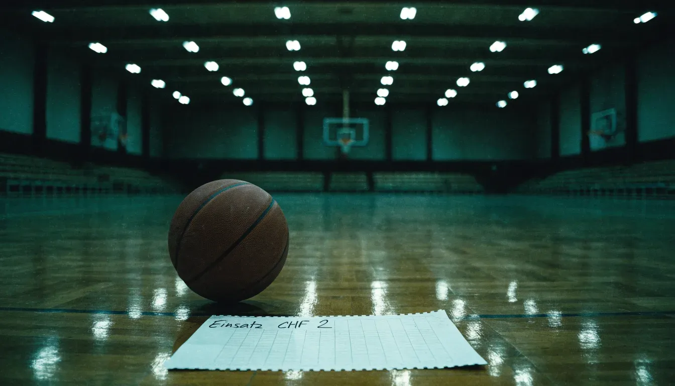 Ein Basketball liegt auf dem Parkett einer leeren Halle, von den Deckenlampen fällt gleichmässiges Licht auf den Boden.