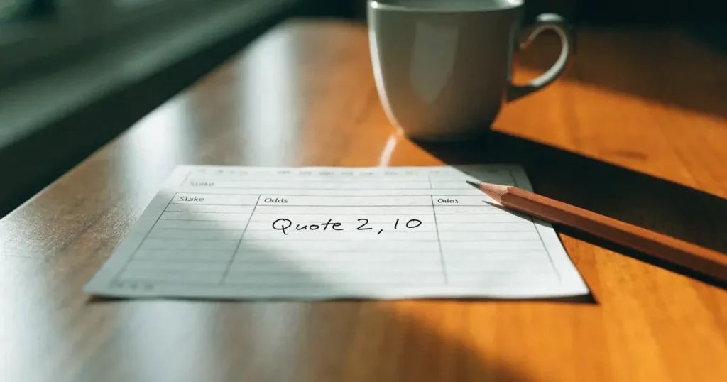 Ein leerer Wettschein aus Papier liegt auf einem Holztisch neben einem Bleistift und einem Kaffeebecher.