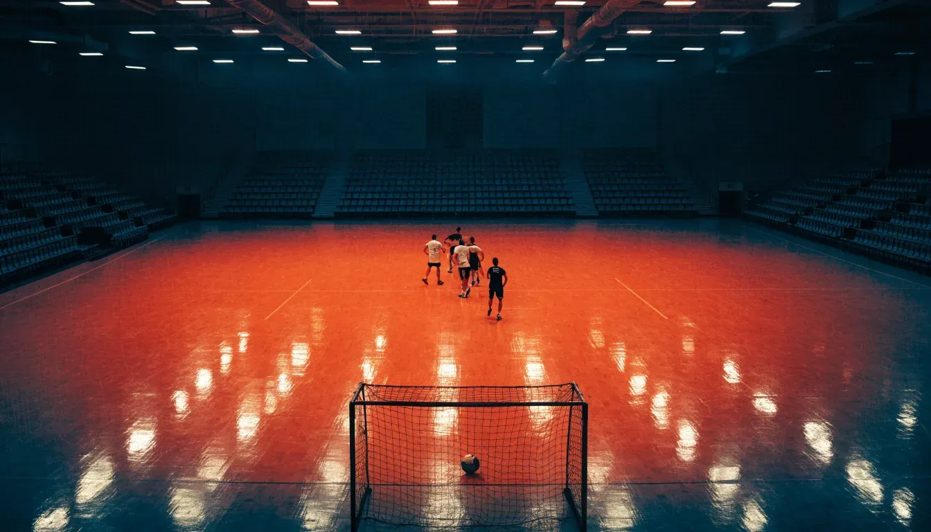 Ein Handballtor in einer leeren Sporthalle, der Ball liegt im Torraum und das Hallenlicht spiegelt sich im Parkett.