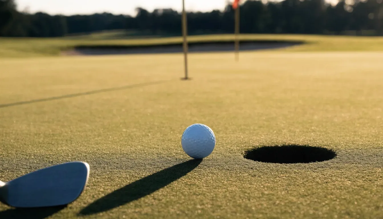 Ein Golfball liegt auf einem gepflegten Grün nahe am Loch, im goldenen Licht der Abendsonne.