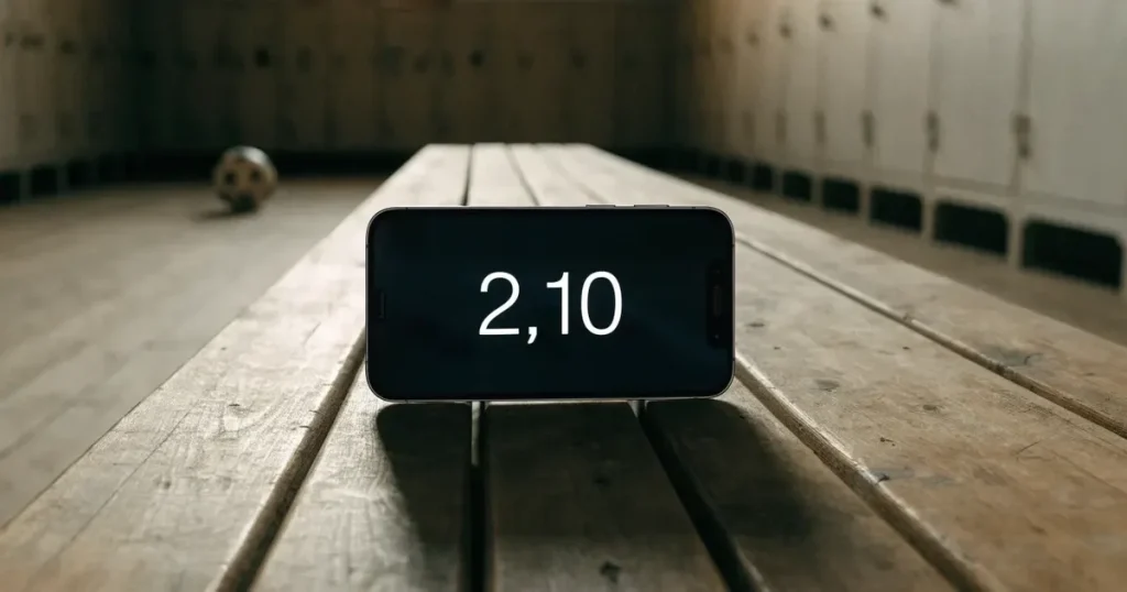 Ein Paar Fussballschuhe steht auf einer Holzbank in einer leeren Umkleide, Morgenlicht fällt durch ein kleines Fenster.