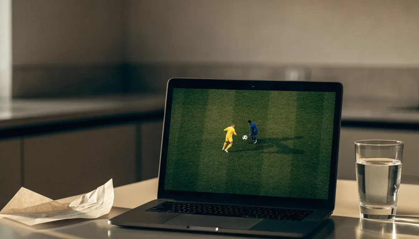 Ein geschlossener Laptop steht neben einem Glas Wasser auf einem Küchentisch im Licht des frühen Morgens.