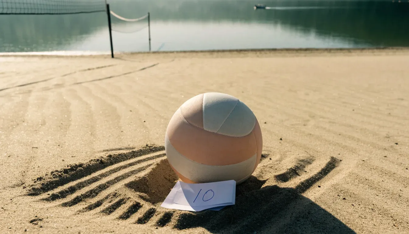 Ein Volleyball liegt im Sand eines Spielfelds am Seeufer, im Hintergrund gleitet ein Boot über das Wasser.