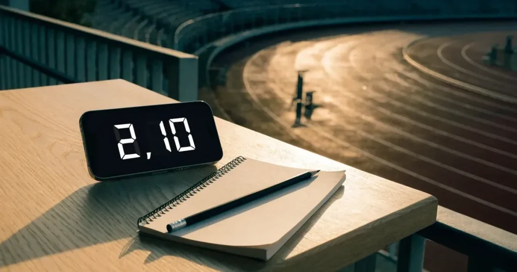 Eine leere Laufbahn mit Startblöcken in einem Stadion am Morgen, die roten Bahnen glänzen vom Tau.