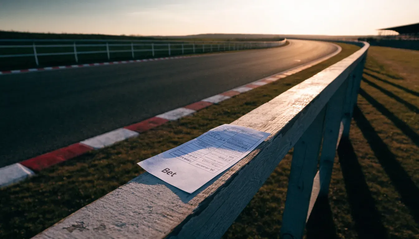 Eine leere Rennstrecke mit rot-weissen Randsteinen im Licht der untergehenden Sonne, Asphalt und Wiese im Gegenlicht.