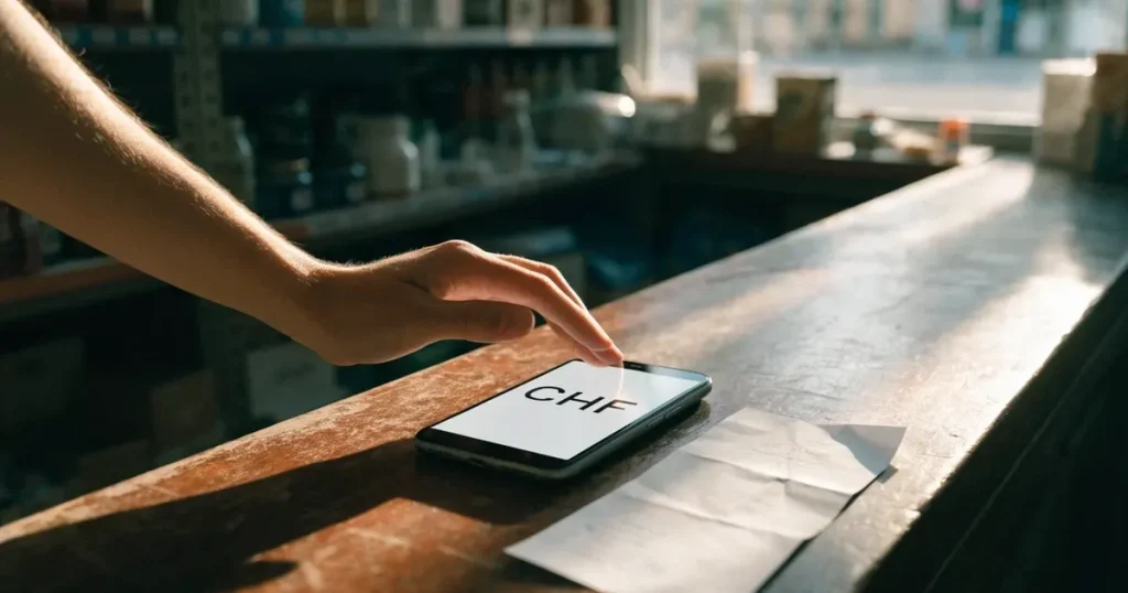 Eine Hand hält ein Smartphone mit dunklem Display knapp über eine hölzerne Ladentheke in einem kleinen Geschäft.