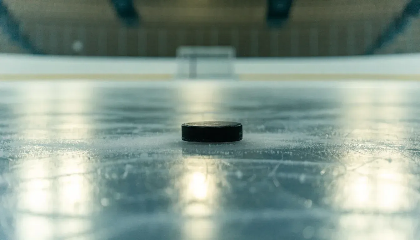 Ein Eishockeypuck liegt in Grossaufnahme auf der Eisfläche, feine Kratzer im Eis glänzen im hellen Hallenlicht.