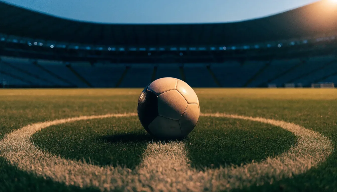 Ein Fussball liegt auf dem Mittelkreis eines leeren Rasenplatzes, dahinter ragen leere Tribünenreihen in den Abendhimmel.