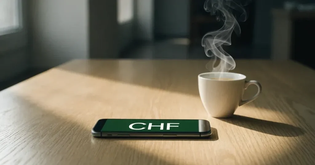 Ein Smartphone mit dunklem Display liegt auf einem hellen Holztisch neben einer Kaffeetasse, Morgenlicht fällt schräg durch ein Fenster.