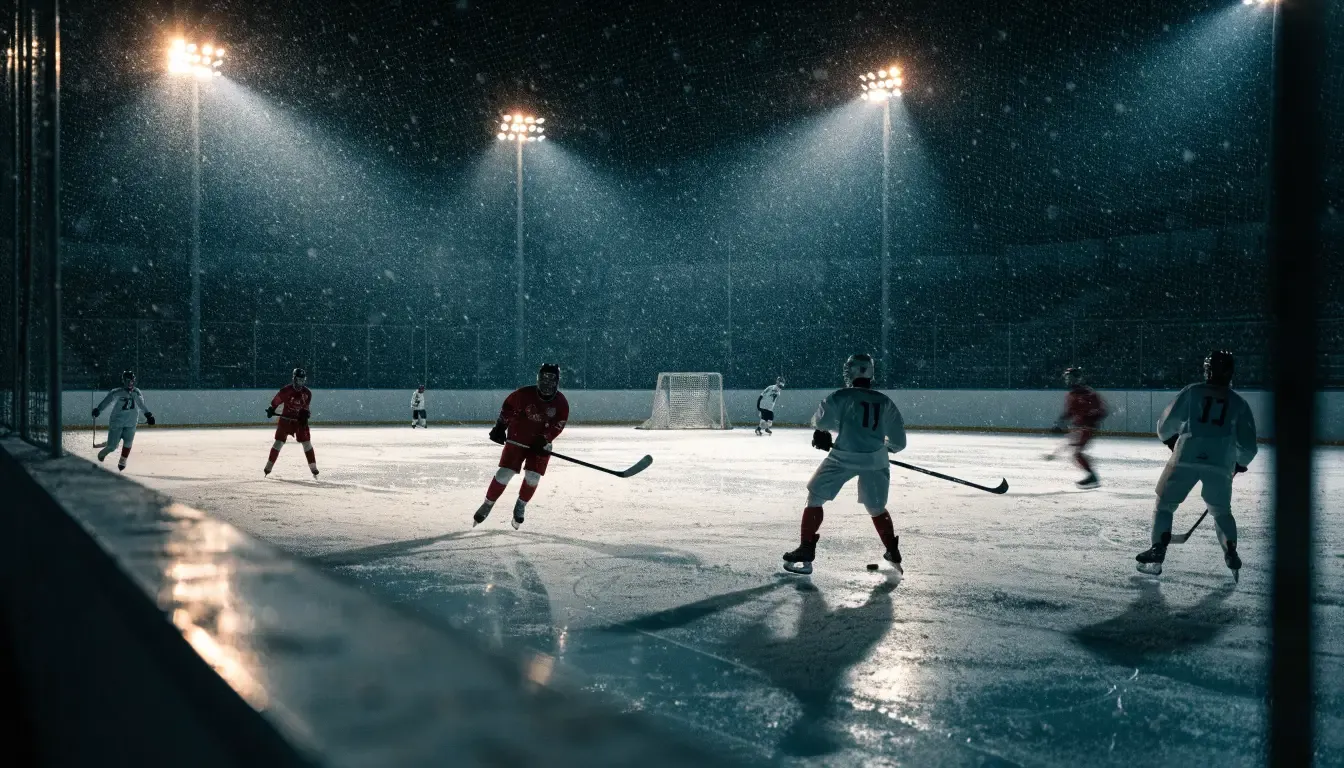 Eine Eishockeybahn liegt unter Flutlicht aus der Ferne betrachtet, leichter Schneefall treibt durch den Lichtkegel über dem Eis.