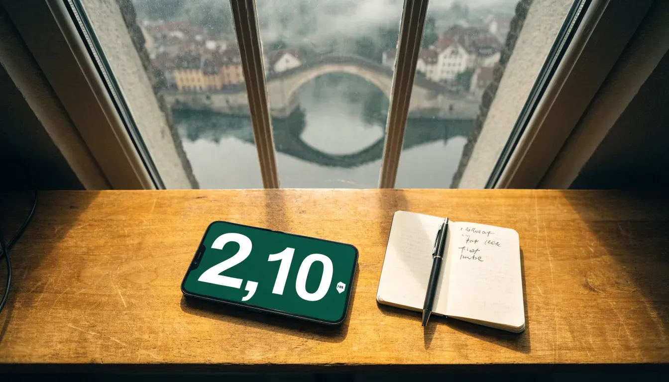 Eine steinerne Bogenbrücke überspannt am frühen Morgen einen Fluss in einer Altstadt, auf dem Wasser liegt dünner Nebel.