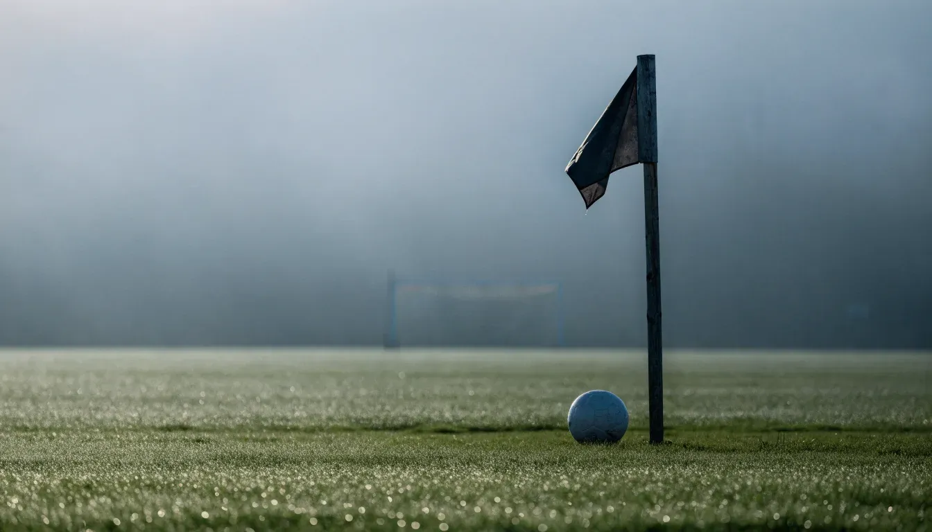 Eine Eckfahne steht am Morgen auf nassem Rasen, Tautropfen hängen im Gras und über dem Platz liegt leichter Dunst.