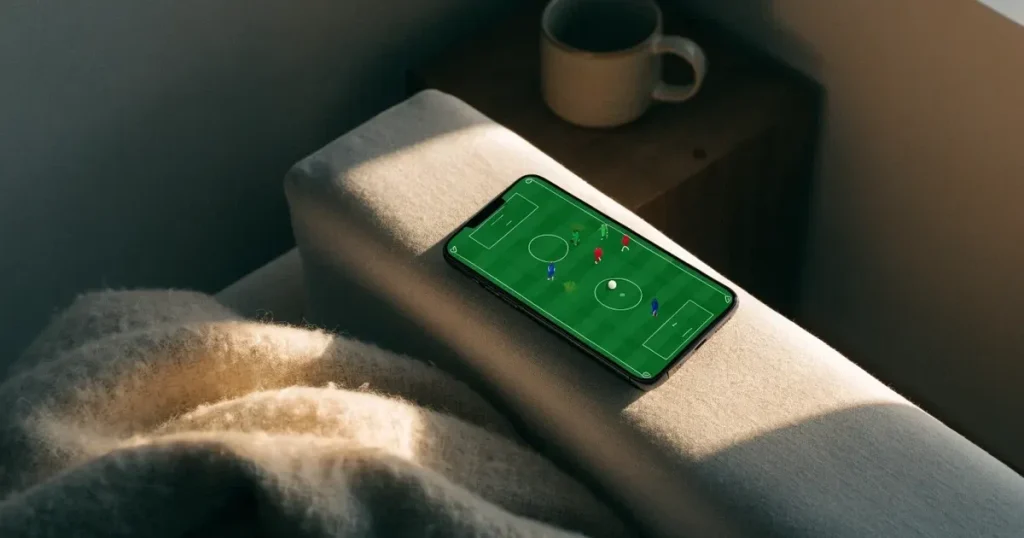 Ein Smartphone mit dunklem Display liegt auf der Lehne eines Sofas neben einer Wolldecke, warmes Abendlicht fällt ins Zimmer.