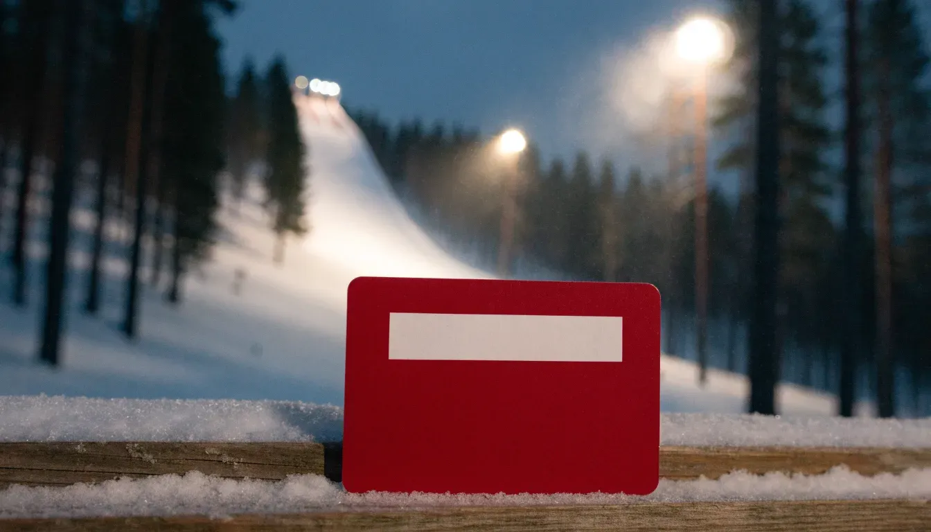 Eine Skisprungschanze steht am Abend im Flutlicht, aus der Ferne betrachtet, umgeben von dunklem Tannenwald und leichtem Schnee.