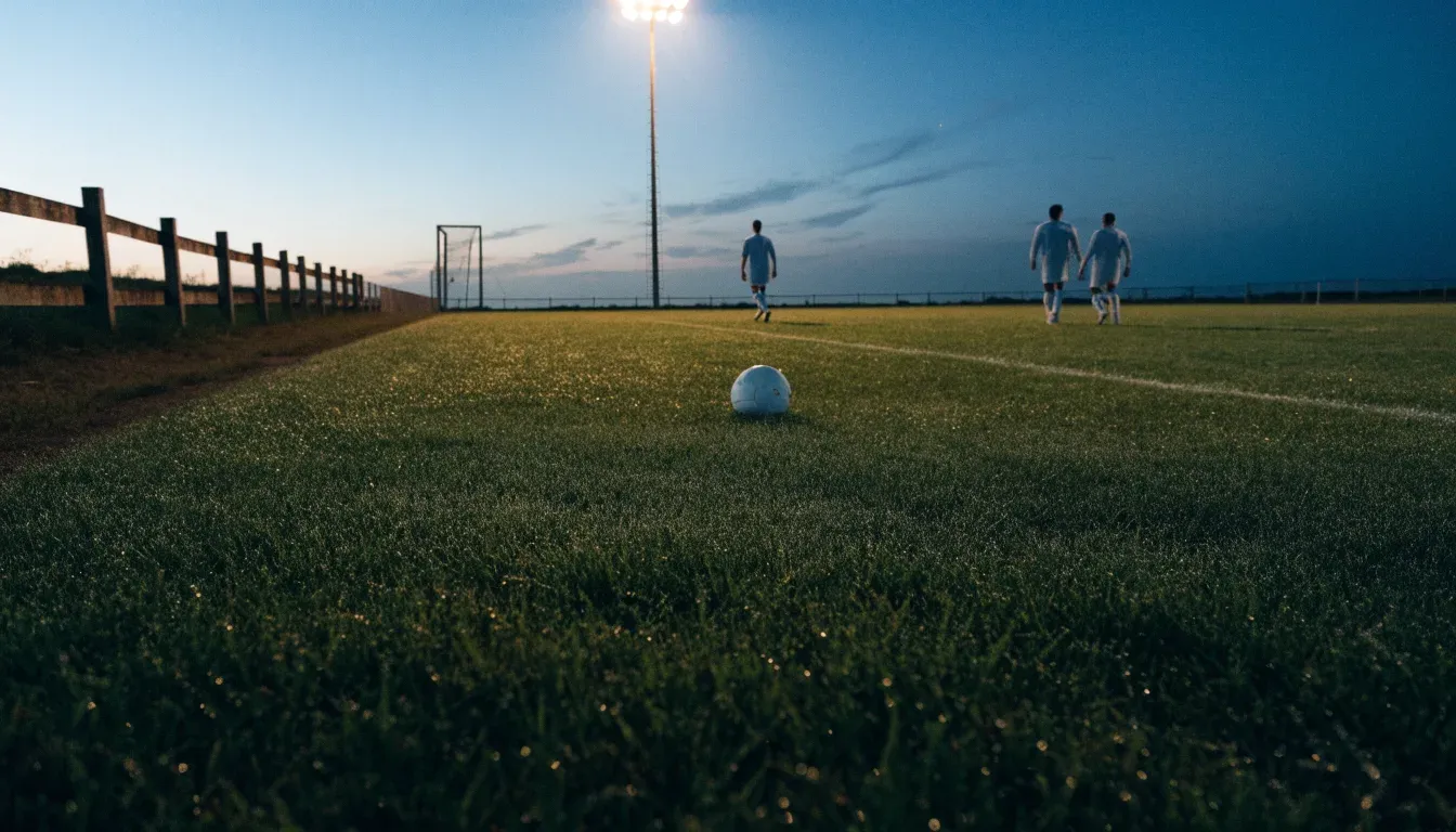Ein kleiner Dorf-Fussballplatz liegt in der Dämmerung unter einem hohen Flutlichtmast, am Spielfeldrand steht ein Holzzaun.
