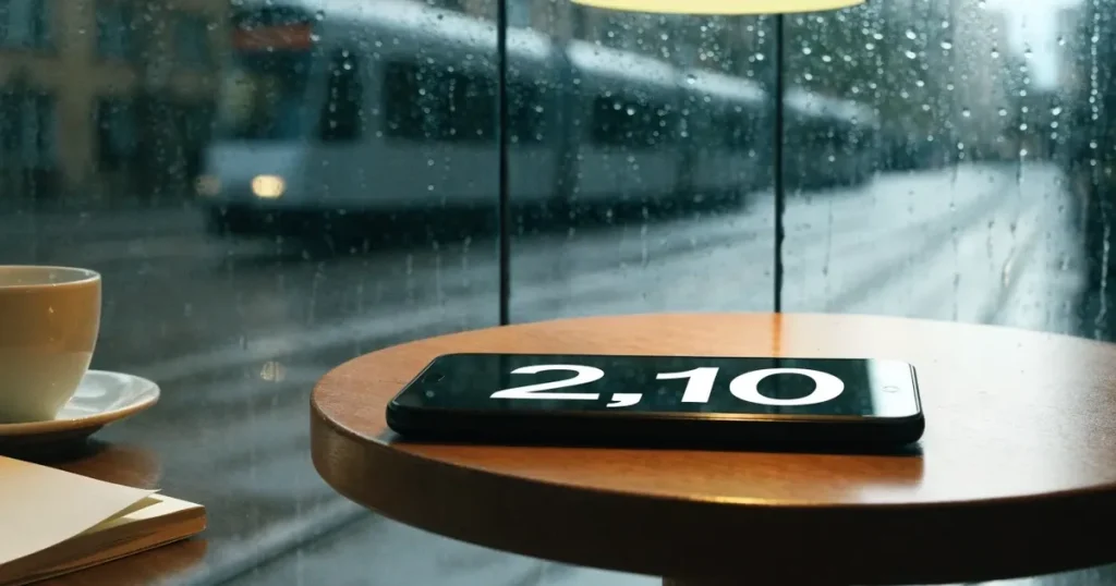 Ein Café-Tisch am Fenster trägt ein Smartphone mit dunklem Display, an der Scheibe laufen Regentropfen herunter und draussen steht eine Tram.