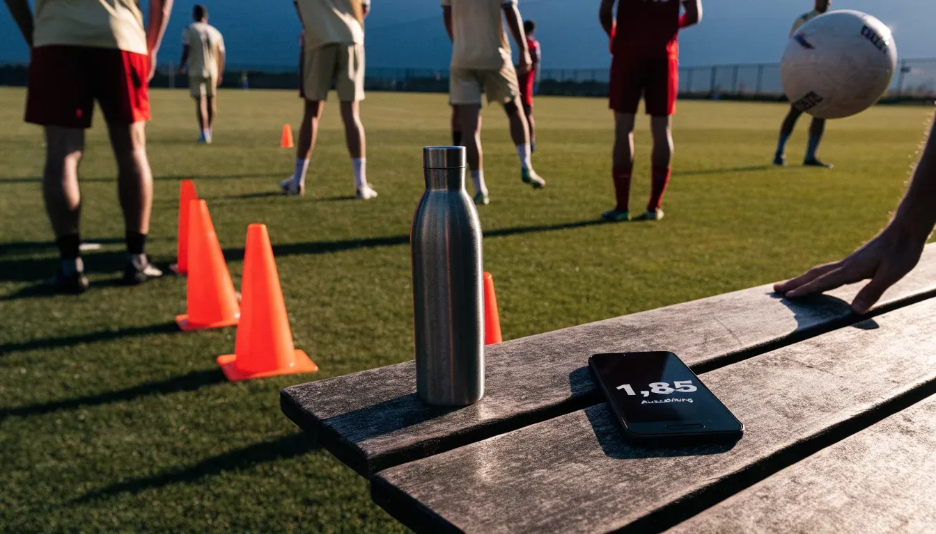 Ein Trainingsplatz zeigt eine Ersatzbank mit Trinkflasche und eine Reihe oranger Hütchen auf frisch gemähtem Rasen im Spätnachmittagslicht.