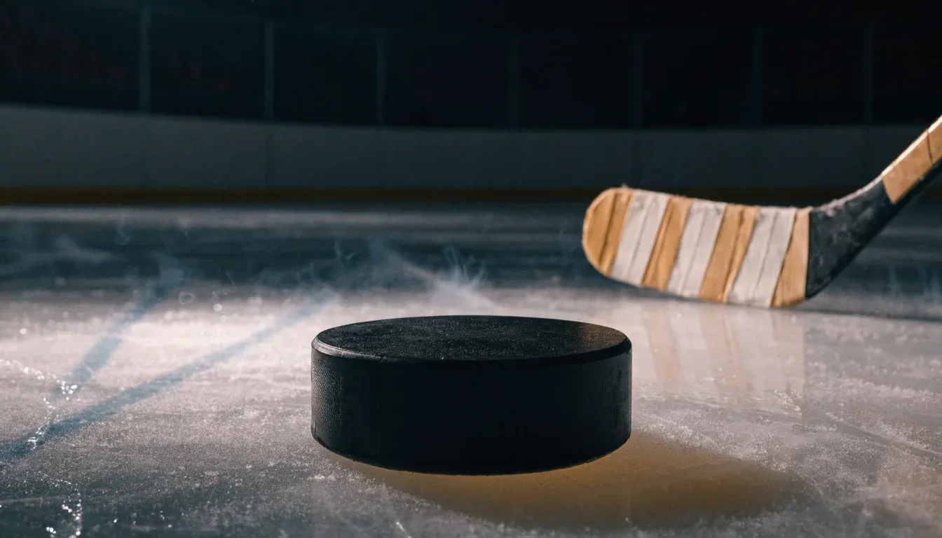 Ein Eishockeypuck liegt auf der Eisfläche neben dem Blatt eines Schlägers, die Bande dahinter ist im Dunkeln nur schwach zu erkennen.