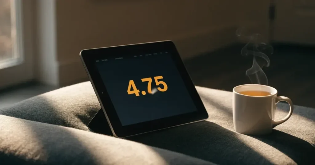 Ein Tablet mit schwarzem Display liegt auf einem Sofakissen, daneben ein Becher mit Tee, vom Fenster her fällt Abendlicht.