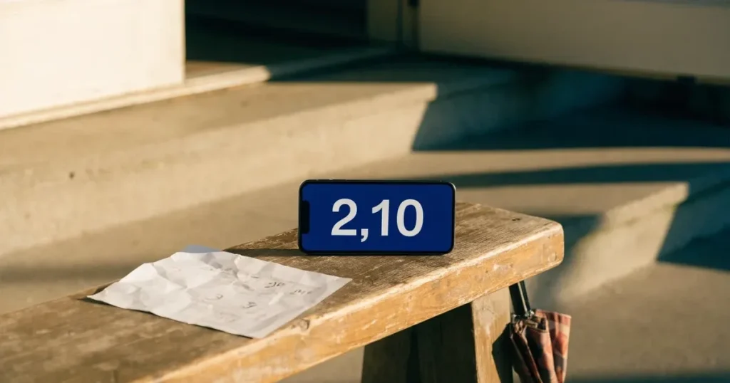 Ein Schlüsselbund und ein Smartphone mit dunklem Display liegen auf einer Holzbank in einem Hauseingang, daneben ein Regenschirm.