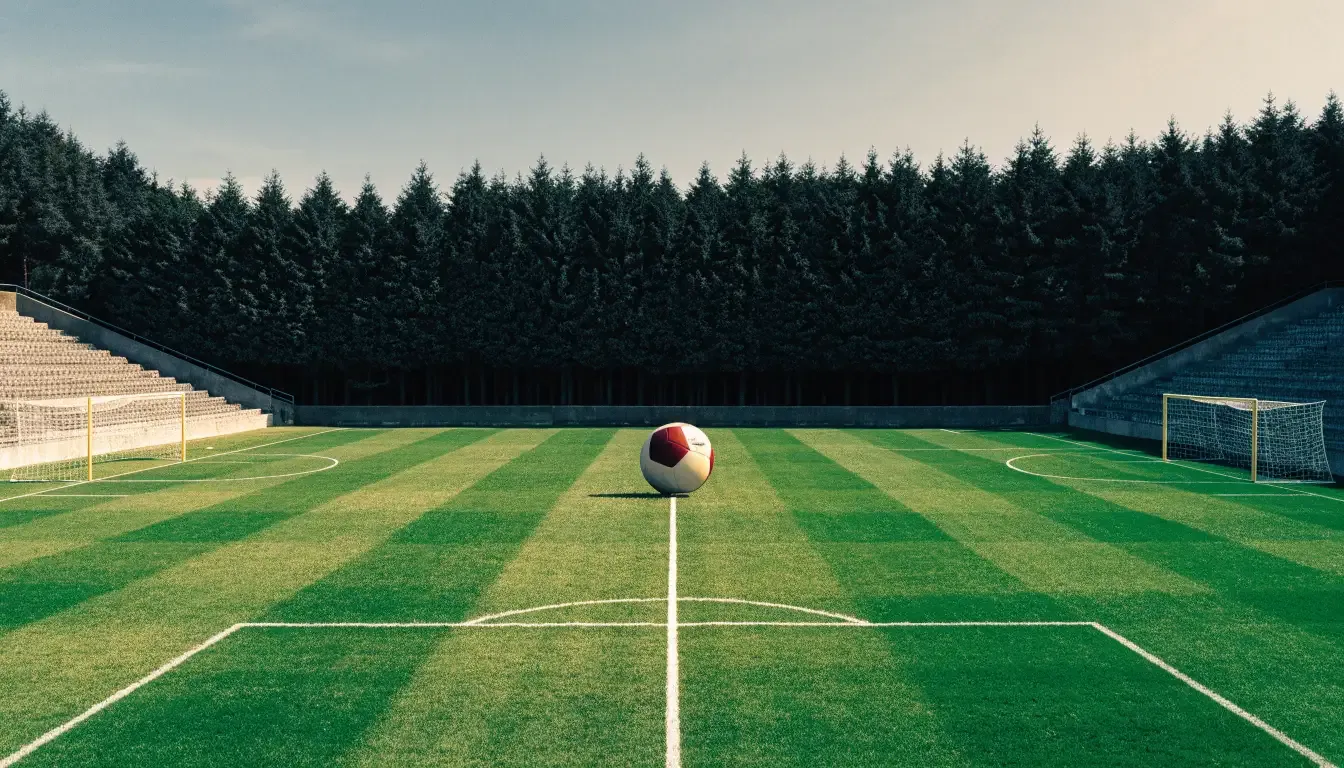 Ein Rasenplatz mit Spielfeldlinien ist von oben gesehen, ein einzelner Ball liegt in der Mitte, rundherum stehen leere Tribünen und Tannenwald.