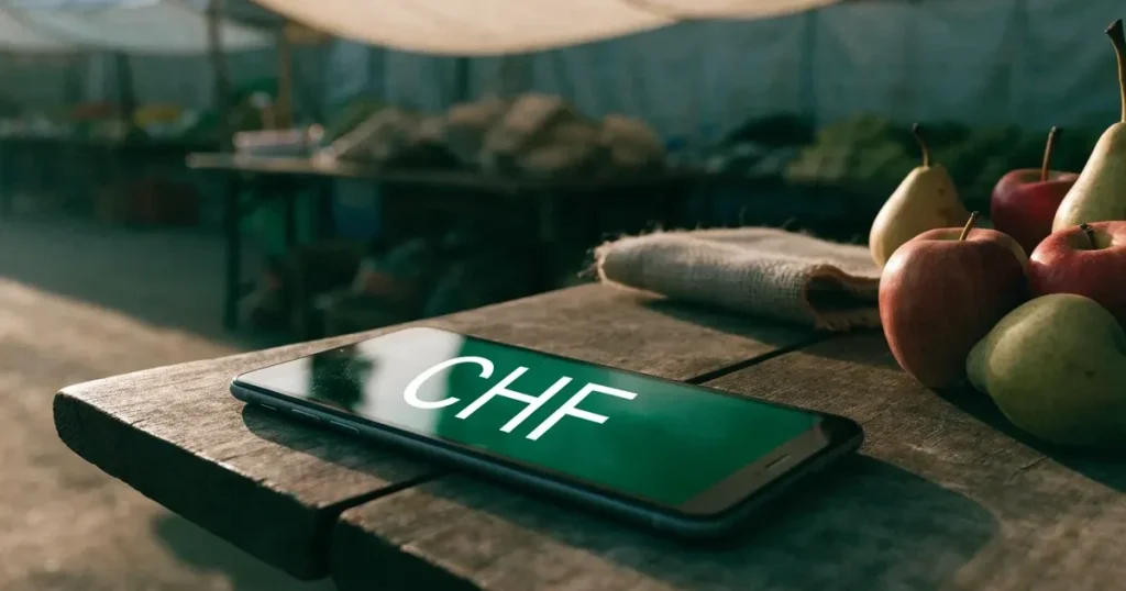 Ein Smartphone mit dunklem Display liegt auf dem Holztisch eines Marktstands zwischen Äpfeln und Birnen, morgendliches Licht fällt durch eine Plane.