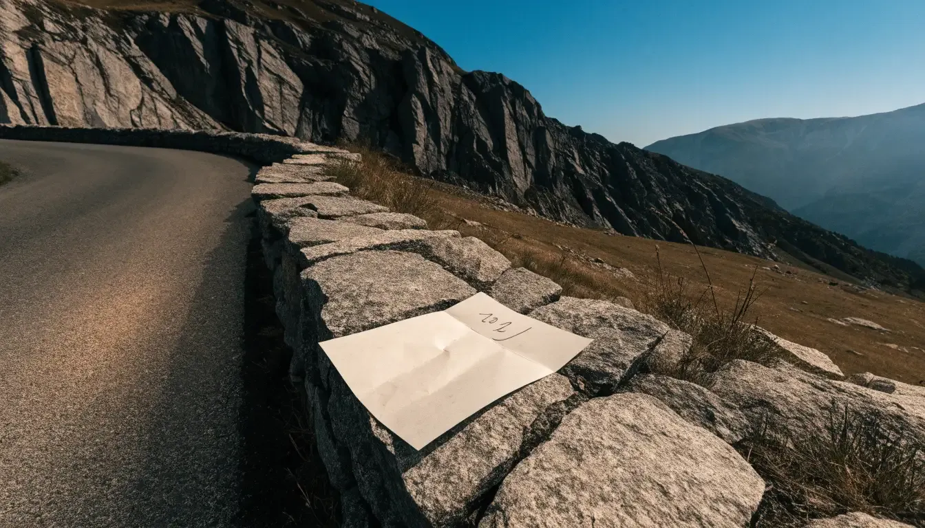 Eine Passstrasse im Hochgebirge säumt eine niedrige Steinmauer, dahinter ragen Felswände auf und der Herbsthimmel ist klar.