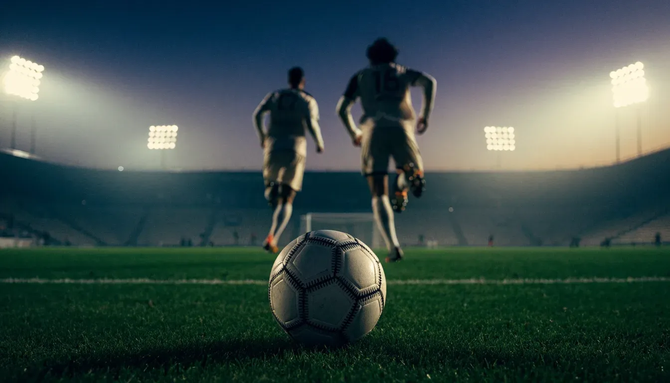 Leere Tribünenränge eines Fussballstadions in der Abenddämmerung, über dem Rasen leuchten die Flutlichter.