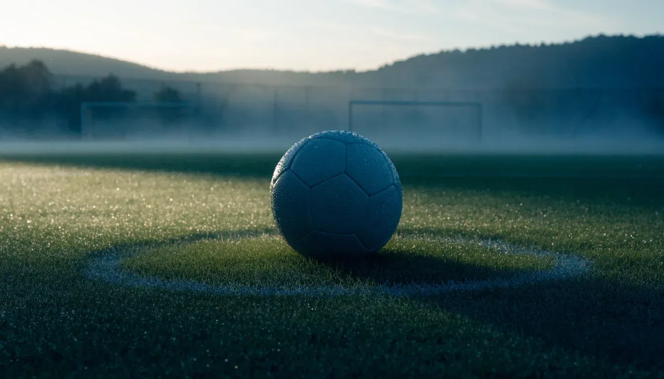 Ein Fussball liegt am frühen Morgen auf dem Anstosspunkt eines taunassen Rasens, im Hintergrund erheben sich Hügel im Dunst.