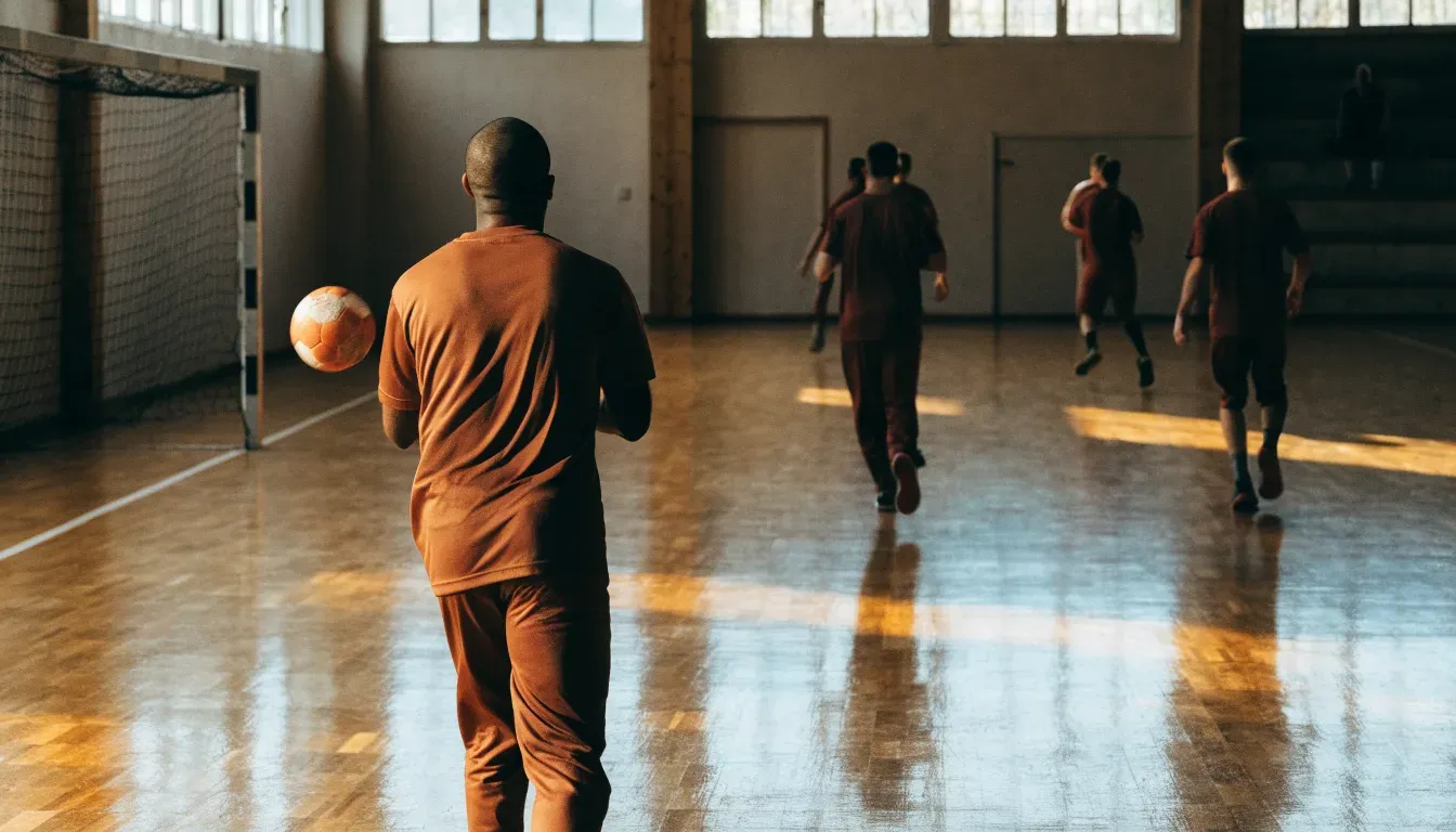 Der Boden einer Sporthalle aus poliertem Parkett mit einem einzelnen Handball in der Mitte, Licht fällt durch hohe Fenster.
