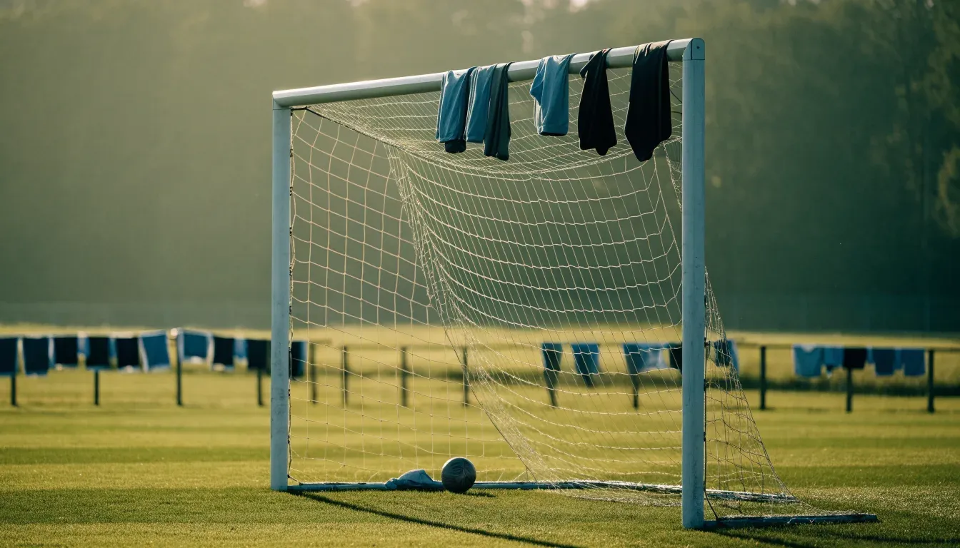 Ein Fussballtor mit locker hängendem Netz auf einem Trainingsplatz, das sich leicht im Wind bewegt.