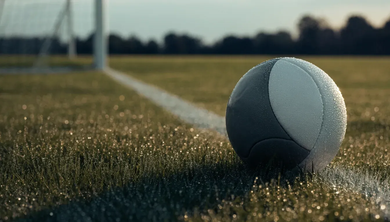 Ein Fussball ruht an der Seitenlinie im taufeuchten Gras, die ersten Sonnenstrahlen fallen schräg über den Platz.