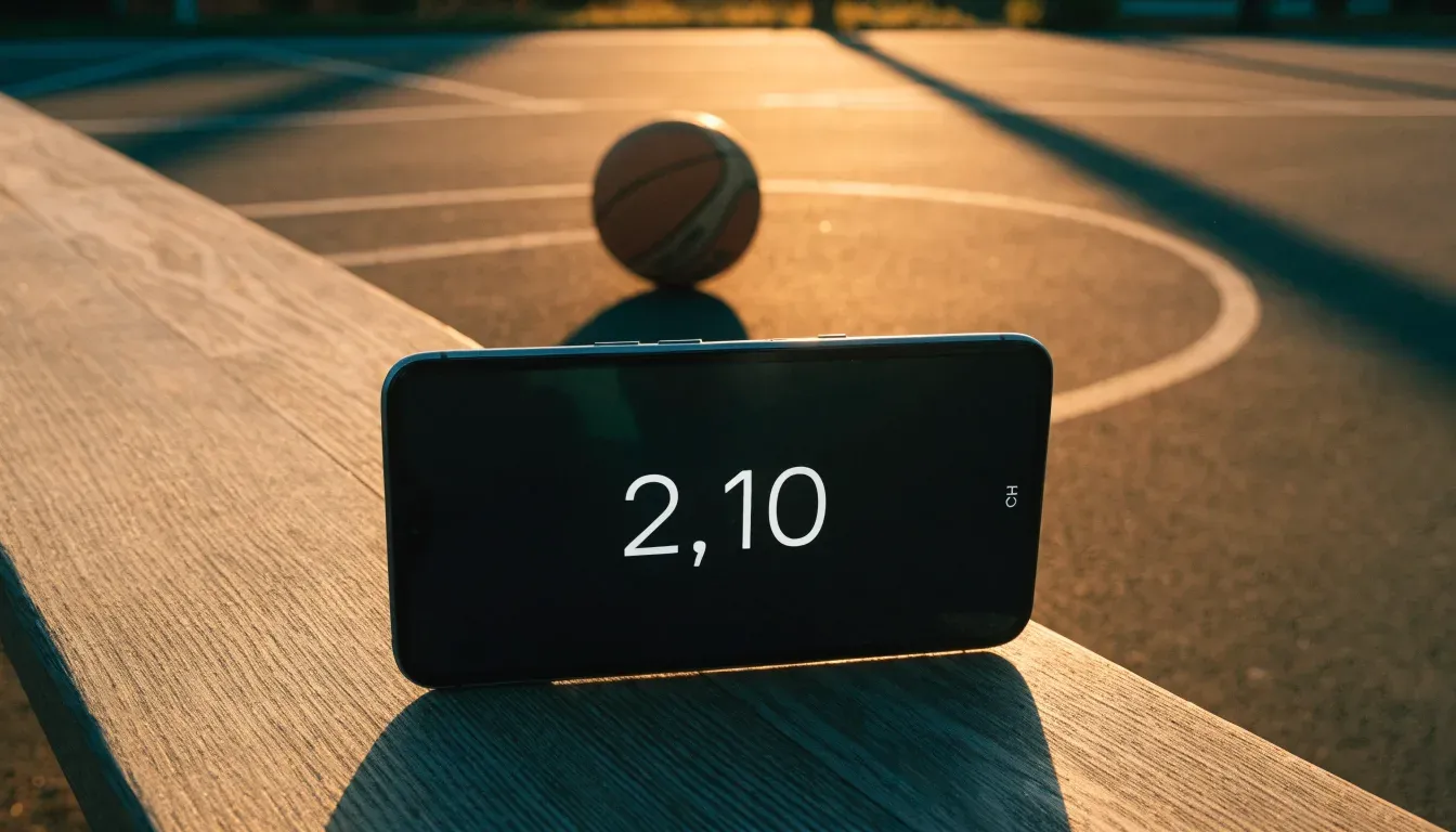 Ein Basketball liegt bei Sonnenuntergang auf einem leeren Aussenplatz, lange Schatten fallen über den Boden.