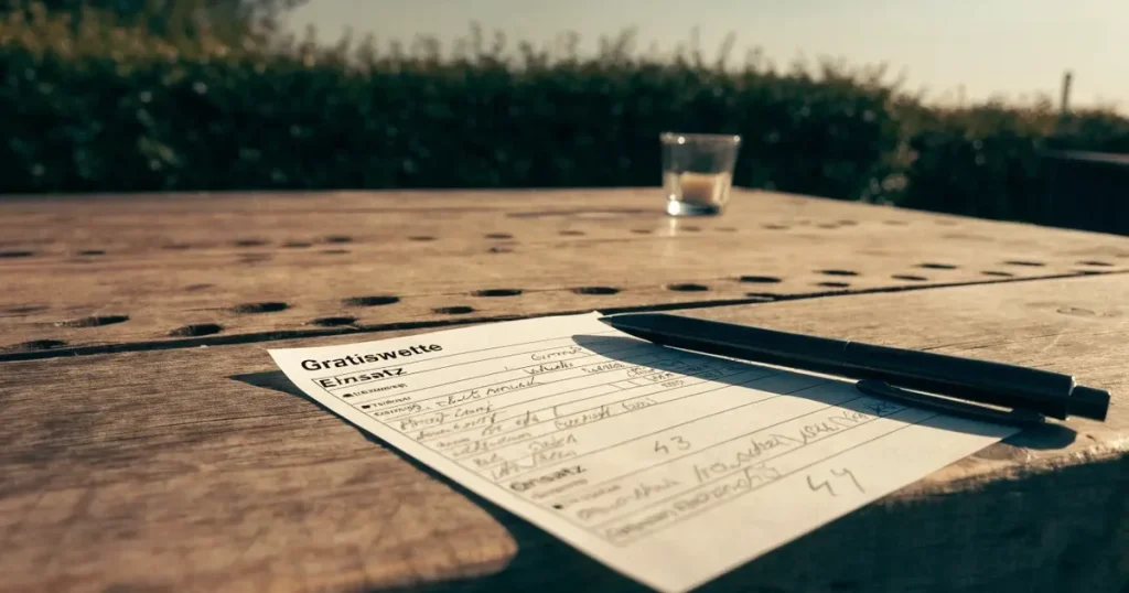 Ein leeres Wettschein-Papier und ein Kugelschreiber liegen auf einem Gartentisch auf einer Terrasse, daneben steht ein Windlicht.