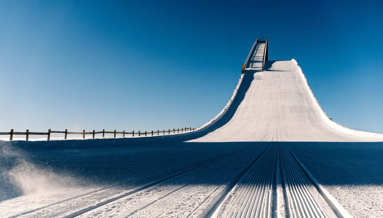 Skispuren im frischen Schnee an einem sonnigen Hang vor blauem Himmel.