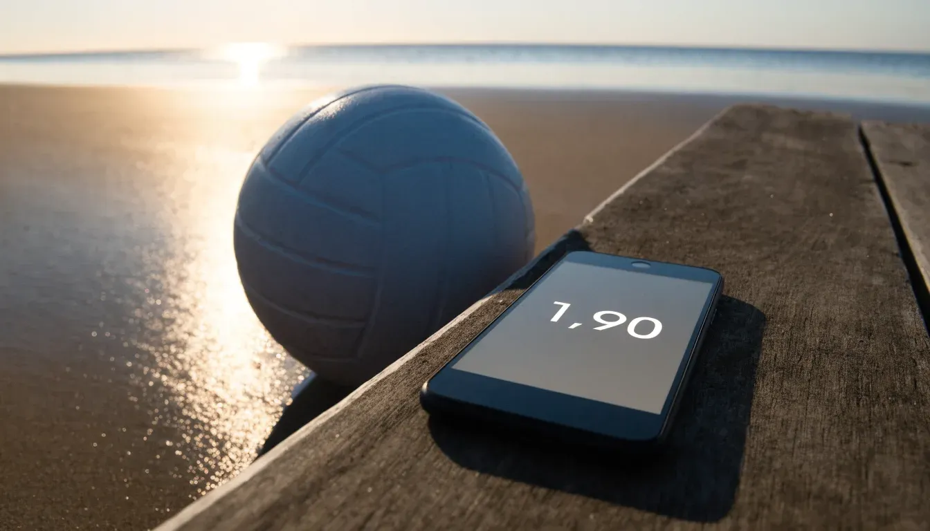Ein Volleyball liegt auf feinem Sand an einem leeren Strand bei Sonnenaufgang.
