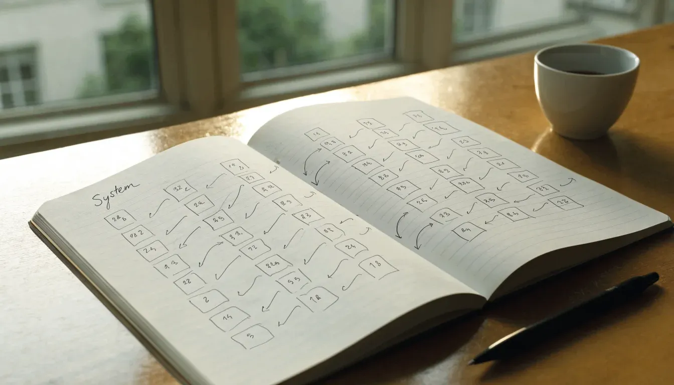 Ein aufgeschlagenes Notizbuch mit handschriftlichen Pfeilen und Kästchen liegt neben einer Kaffeetasse auf einem Schreibtisch am Fenster.