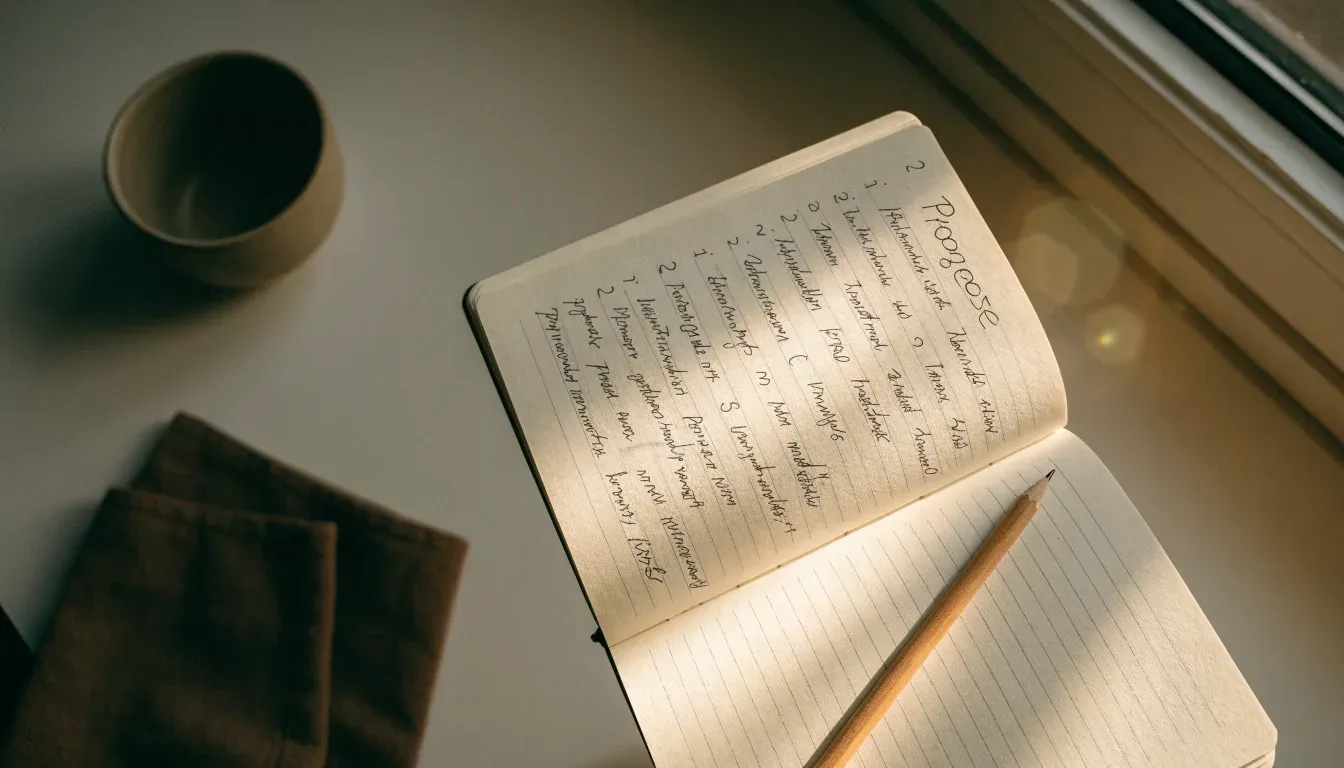 Ein leeres kariertes Heft und ein Bleistift liegen auf einem Küchentisch im warmen Licht des späten Nachmittags.