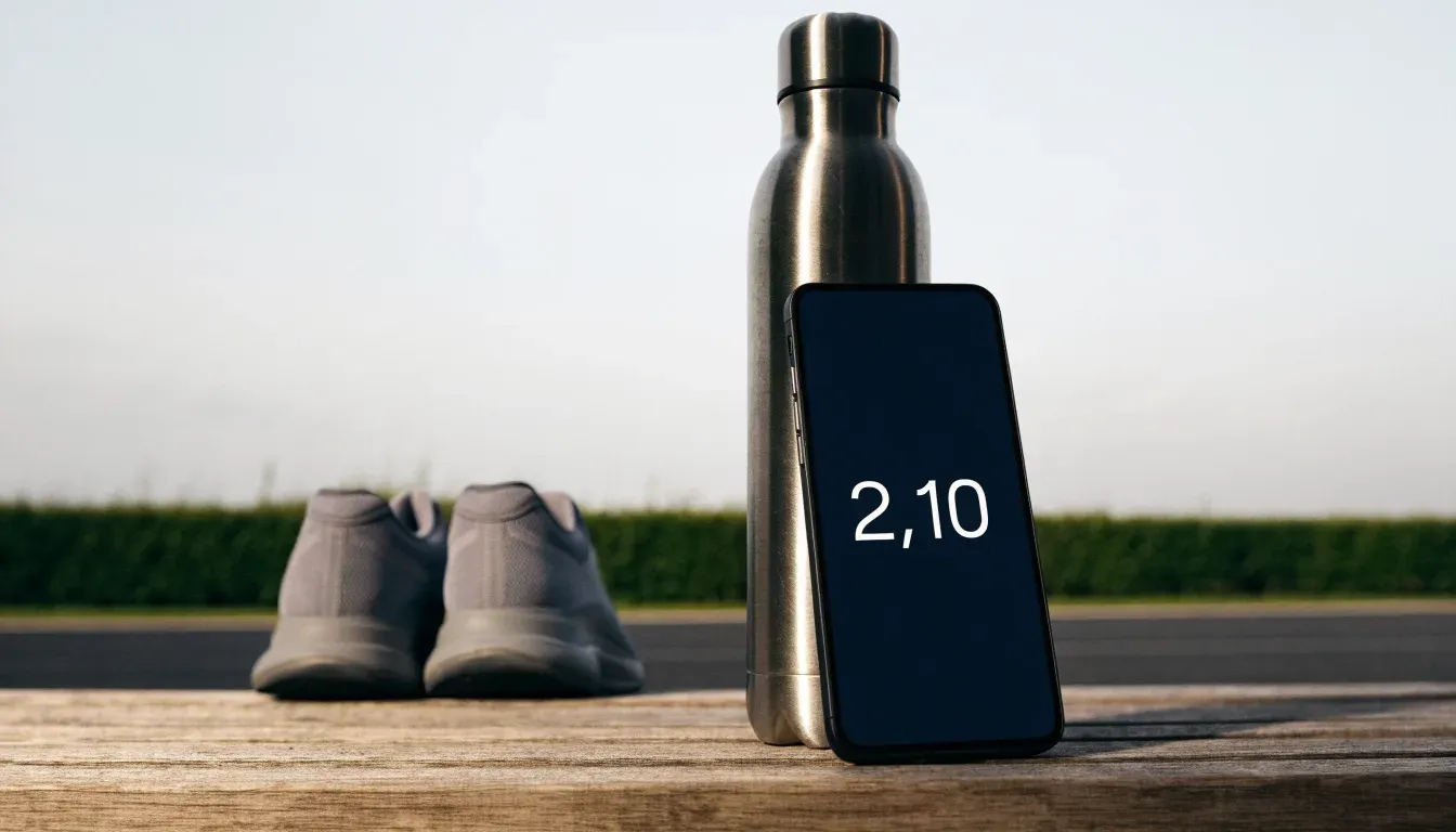 Ein Smartphone mit dunklem Bildschirm lehnt an einer Wasserflasche, daneben stehen Laufschuhe auf einer Bank am Sportplatz.